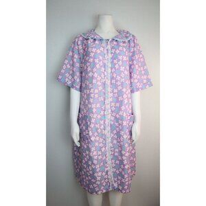 VINTAGE WOMEN'S PURPLE FLORAL PRINT HOUSE DRESS - IZZY'S PLACE - SIZE L